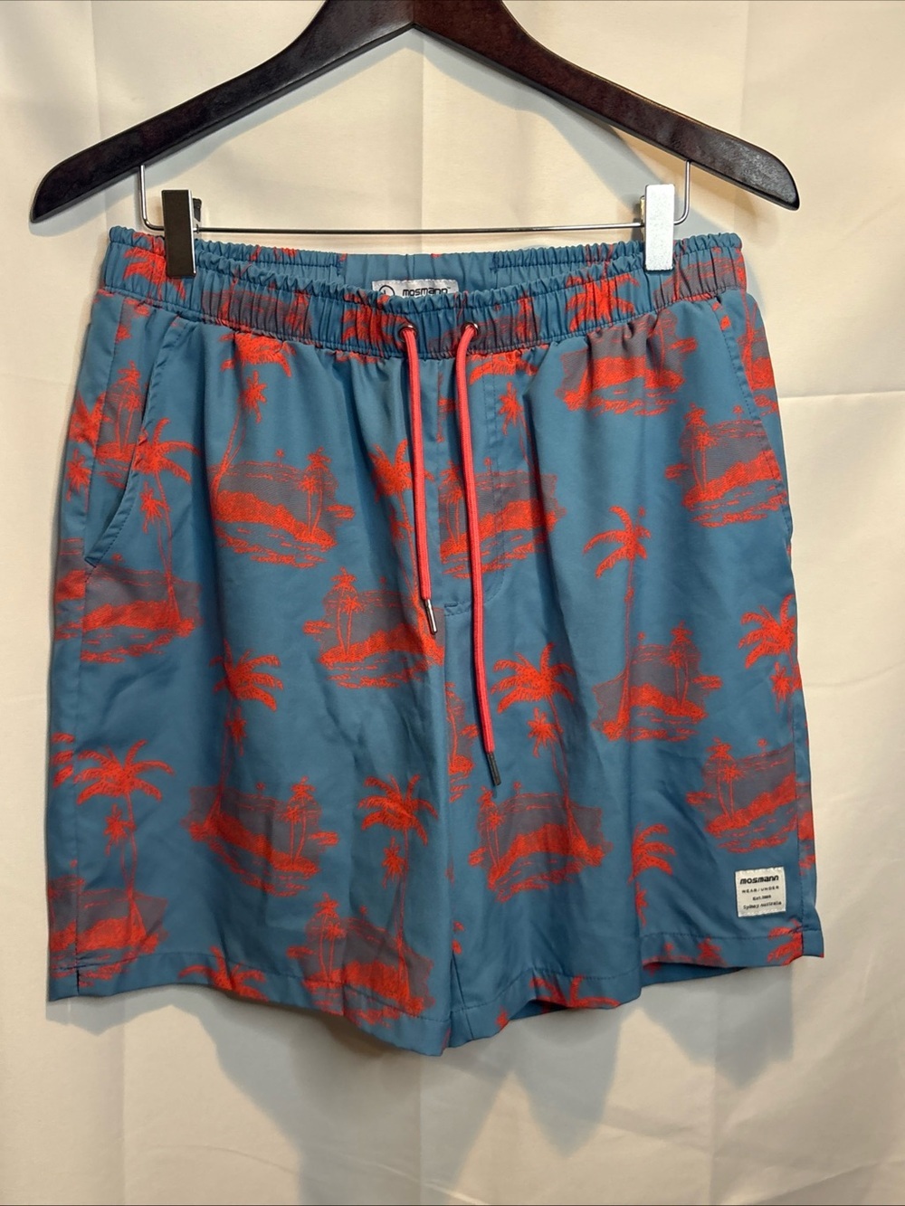 Men's Blue Swim Trunks with Orange Tropical Print